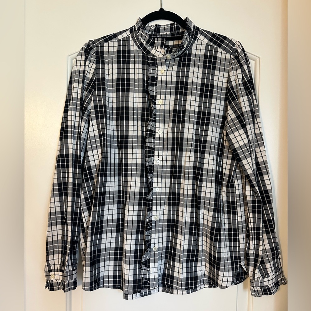 LOFT Black and White Plaid Ruffle Trim Blouse